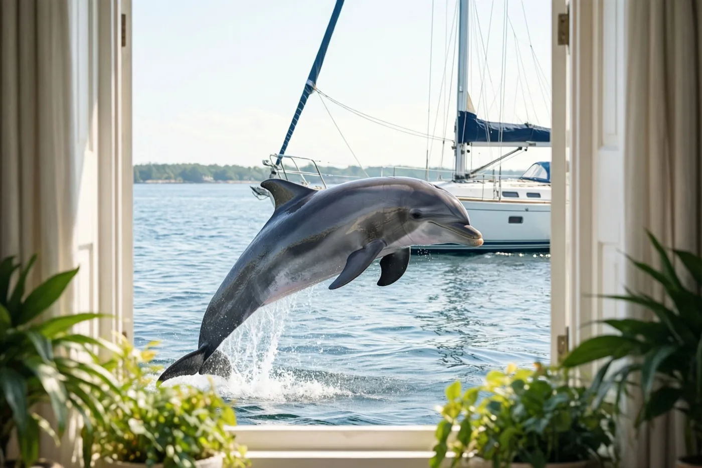 Door een open raam met kamerplanten is een dolfijn te zien die voor een witte zeilboot uit het blauwe water springt onder een zonnige blauwe hemel.