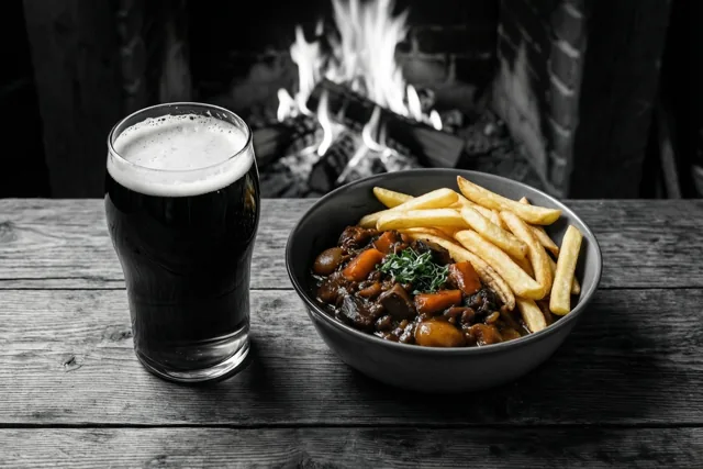 Op een houten tafel voor een brandende open haard staan een glas donker bier en een kom stoofvlees met frieten in warm licht.