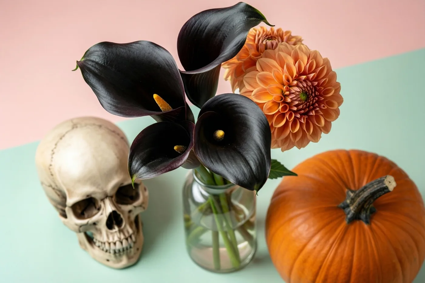 Een glazen vaas met zwarte calla's en oranje dahlia's staat naast een kleine schedel en een hele oranje pompoen tegen een roze en mintgroene achtergrond.