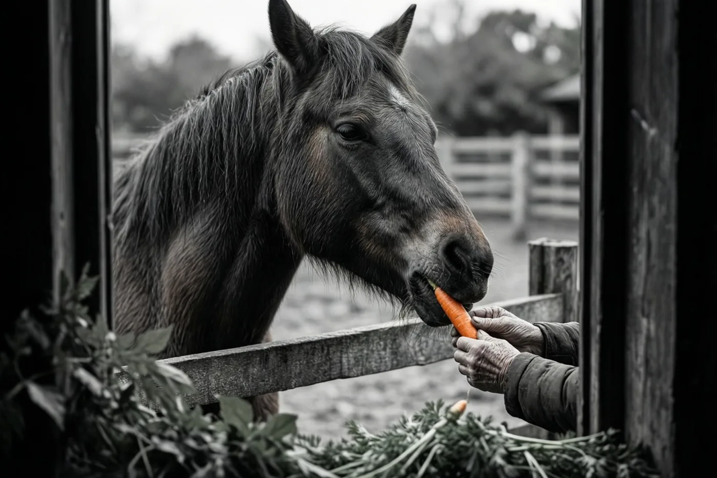 Vanuit een schuur of stal is een donker paard te zien dat door een houten omheining een wortel aanneemt van een oudere persoon, in een grotendeels zwart-witbeeld met de wortel in feloranje.
