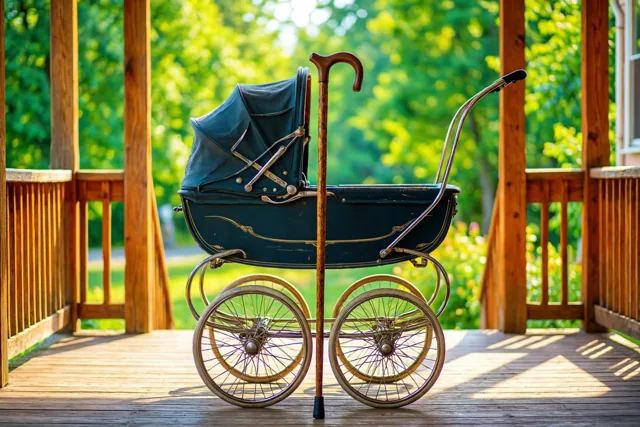 Een oude donkerblauwe kinderwagen en een houten wandelstok staan naast elkaar op een houten veranda in fel zonlicht, met een weelderige groene tuin op de achtergrond.