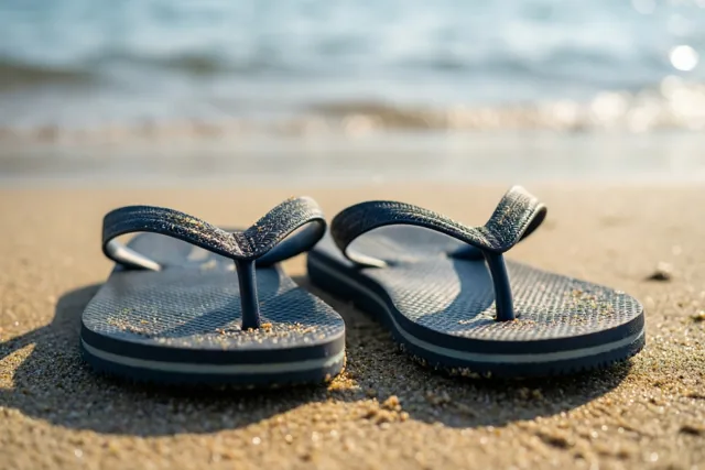 Een paar donkerblauwe teenslippers ligt op nat zand aan de waterlijn in warm zonlicht, met de zee onscherp op de achtergrond.
