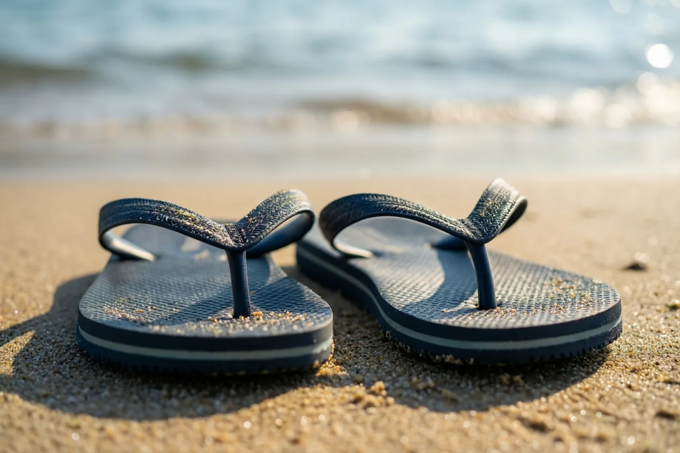 Een paar donkerblauwe teenslippers ligt op nat zand aan de waterlijn in warm zonlicht, met de zee onscherp op de achtergrond.