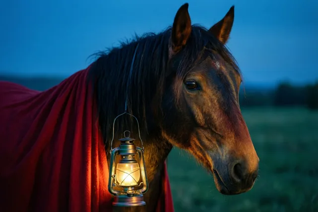 De kop van een donkerbruin paard met een rode mantel is van dichtbij te zien, verlicht door een lantaarn tegen een blauwe avondhemel.
