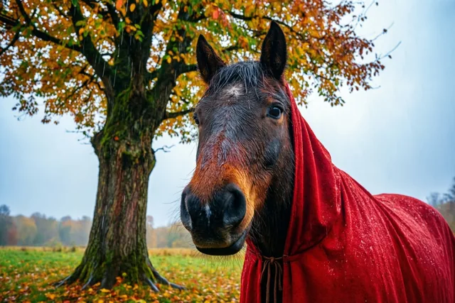 Een donkerbruin paard met een rode mantel staat tijdens motregen onder een grote boom met herfstbladeren in een weide onder een gedempte hemel.
