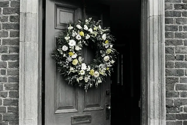 Een donkere houten voordeur met een volle krans van witte en gele bloemen staat op een kier tussen stenen zuilen en bakstenen muren, met een donker interieur en een verder zwart-witte omgeving.