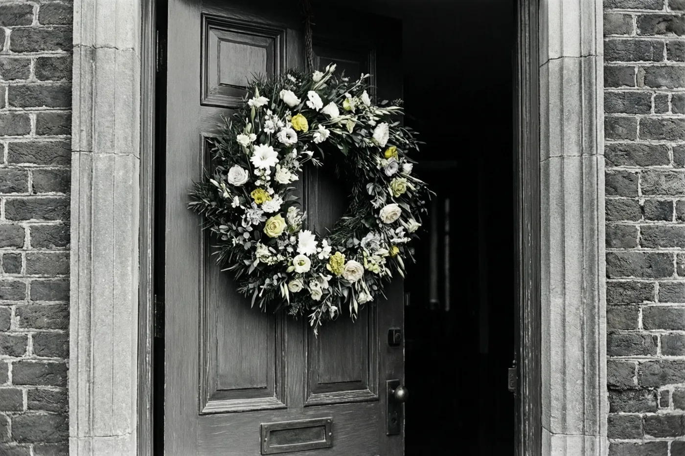 Een donkere houten voordeur met een volle krans van witte en gele bloemen staat op een kier tussen stenen zuilen en bakstenen muren, met een donker interieur en een verder zwart-witte omgeving.