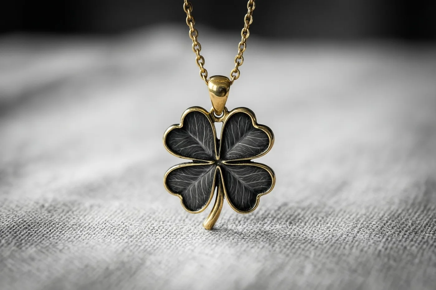 Een klavertjevierhanger met donkere, generfde blaadjes en een gouden rand ligt met een gouden ketting op linnen tegen een onscherpe achtergrond.