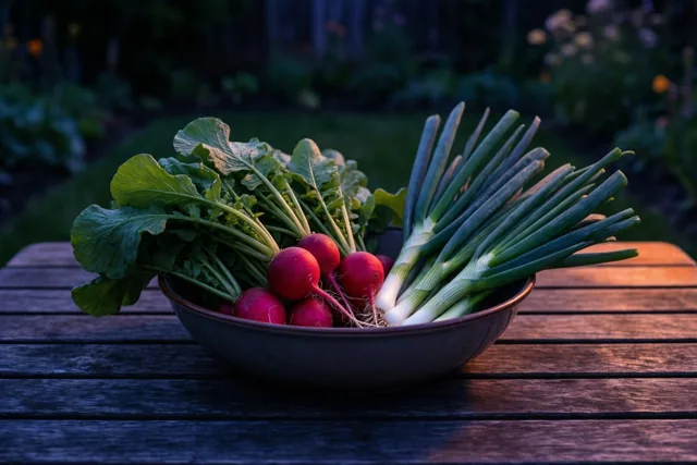 Een donkere kom met verse radijzen en lente-uitjes staat op een houten tuintafel in warm avondlicht, met een wazige tuin op de achtergrond.