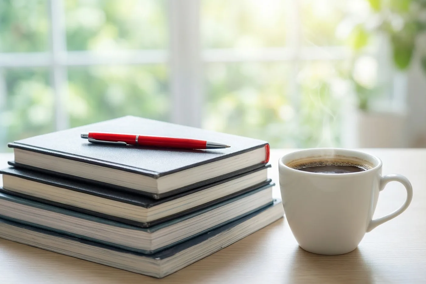 Schriften met donkere kaften en een rode pen erbovenop liggen naast een witte mok dampende koffie op een licht houten bureau, met een wazig helder raam en groen erachter.