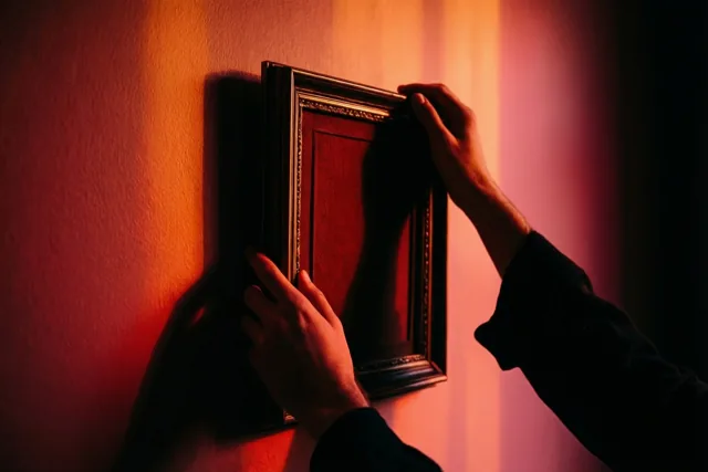 Twee handen hangen een donkere sierlijke lijst aan een muur met structuur, in warm roodoranje licht met sterke schaduwen.