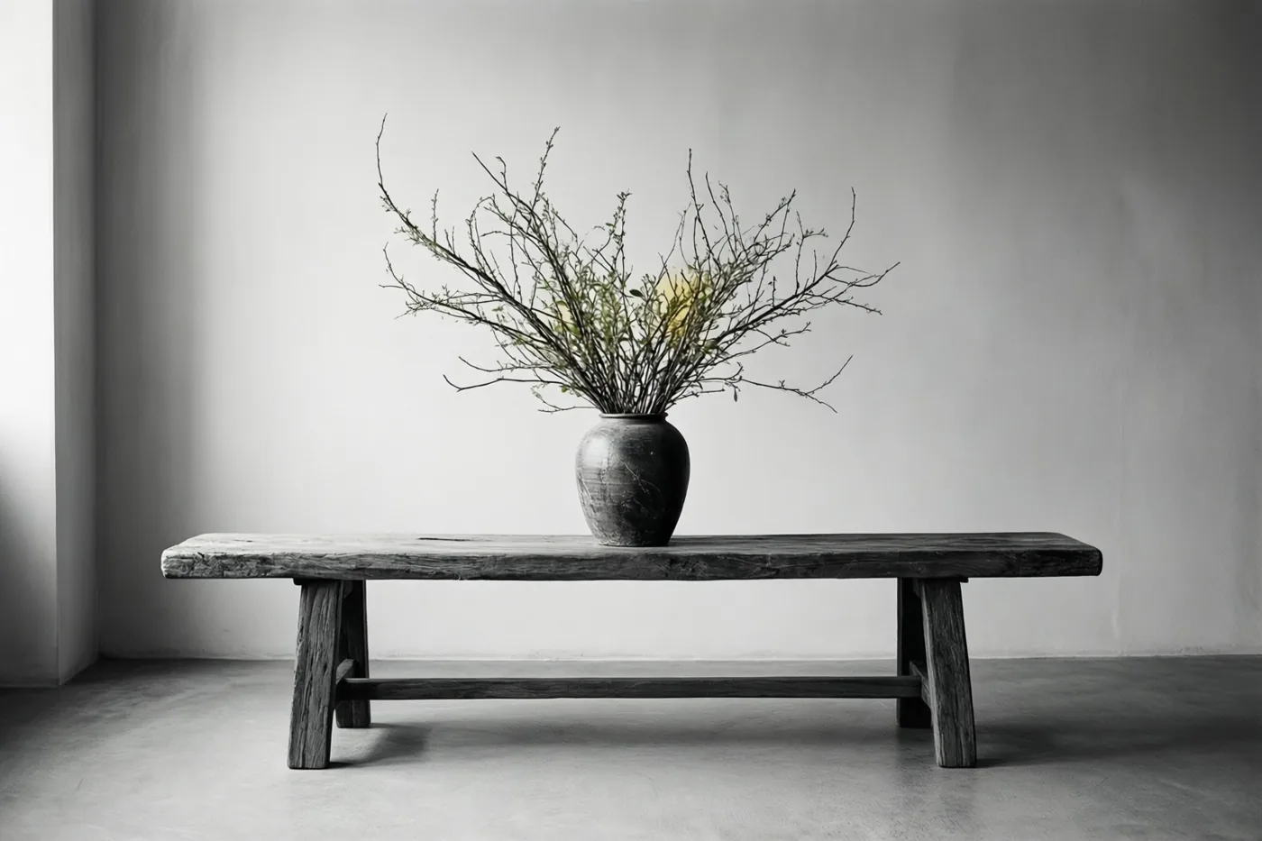 Een rustieke houten bank met een donkere vaas met kale takken staat in een sober interieur, weergegeven in grijstinten.