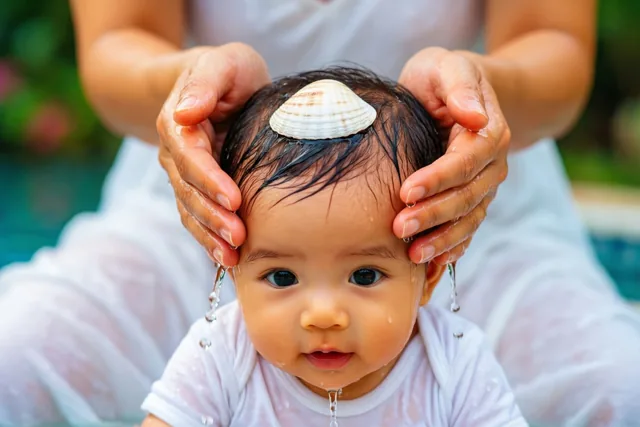 Een baby met donker haar en een wit kleed wordt gewassen door handen van een volwassene, met een witte schelp op het hoofd en onscherp groen en water op de achtergrond.