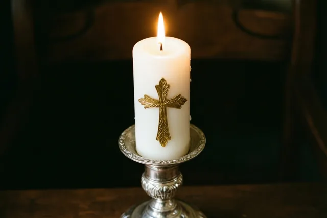 Een witte doopkaars met een kruis van bladgoud brandt in een sierlijke zilveren kandelaar tegen een donkere achtergrond.