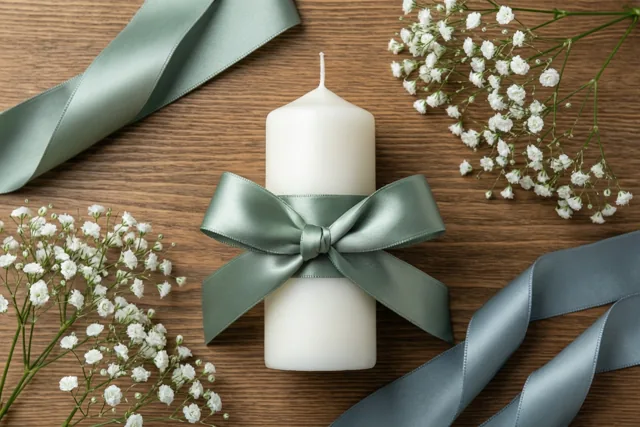 Een witte doopkaars met een saliegroen satijnen lint staat op een houten tafel tussen takjes wit gipskruid in zacht daglicht.