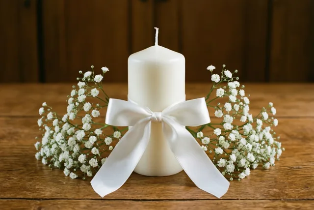 Een witte doopkaars met een witte satijnen strik staat op een houten tafel tussen takjes wit gipskruid tegen een warme houten achtergrond.