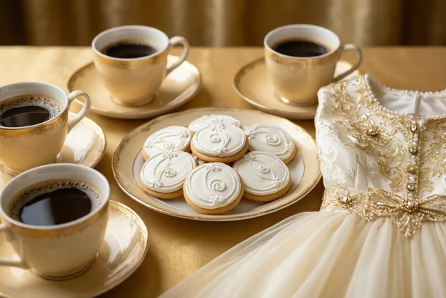Op een goudkleurige tafel staan vier kopjes koffie en een bord koekjes met wit glazuur naast een opgevouwen wit doopkleed met goudborduurwerk.