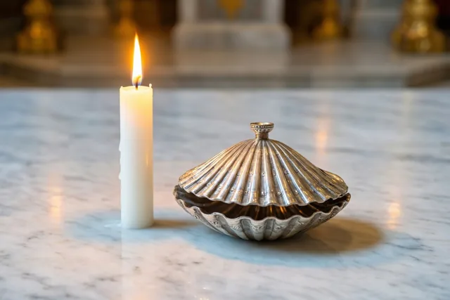 Een zilveren doopschelp met deksel staat naast een brandende slanke witte kaars op wit marmer.