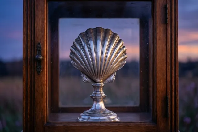 Een oude zilveren doopschelp en kandelaar staan in een houten vitrinekast, met een schemerhemel in zachte paarse en oranje tinten op de achtergrond.
