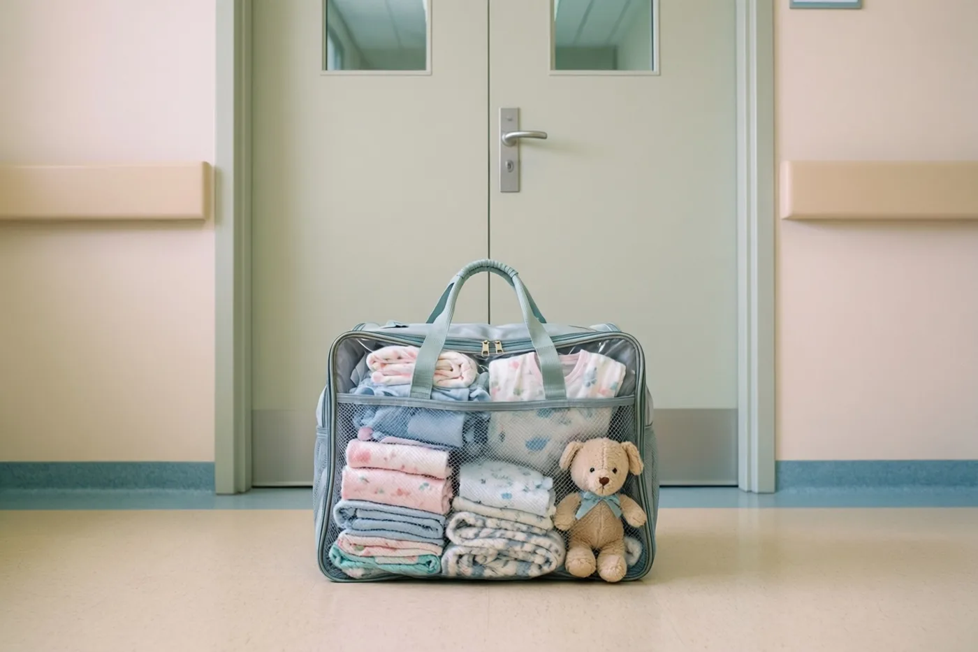 Een doorzichtige ziekenhuistas met opgevouwen babykleertjes en een teddybeer staat op een ziekenhuisvloer voor een deur, in zachtroze, beige en lichtblauwe tinten.