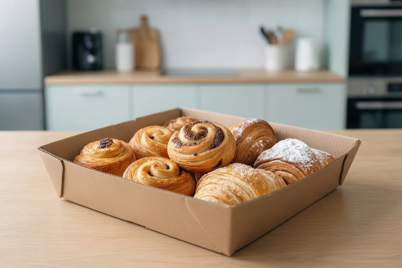 Een kartonnen doos met verschillende gebakjes staat op een houten keukentafel, met lichte keukenkasten en toestellen op de achtergrond.