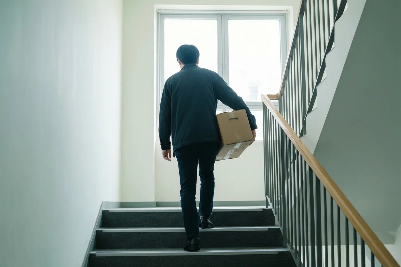 Een persoon loopt met een kartonnen doos een trap met tapijt op in een modern kantoortrappenhuis met een groot raam op de overloop.