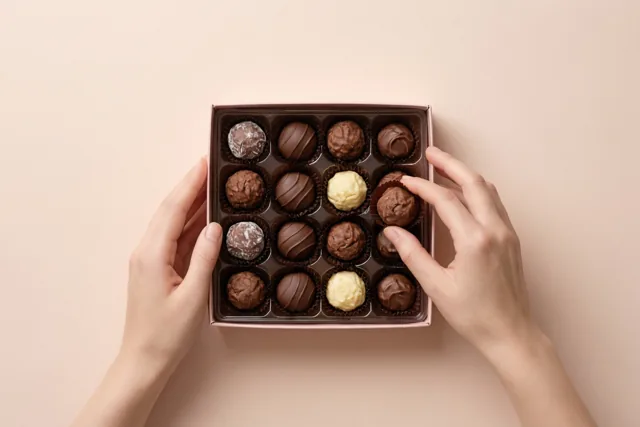 Van bovenaf zijn twee handen te zien die een open doos met verschillende Belgische pralines vasthouden tegen een effen beige achtergrond.