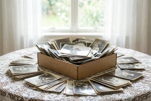 Een kartonnen doos vol oude sepiafoto's staat op een ronde tafel met een wit kanten tafelkleed, in natuurlijk licht van een raam op de achtergrond.