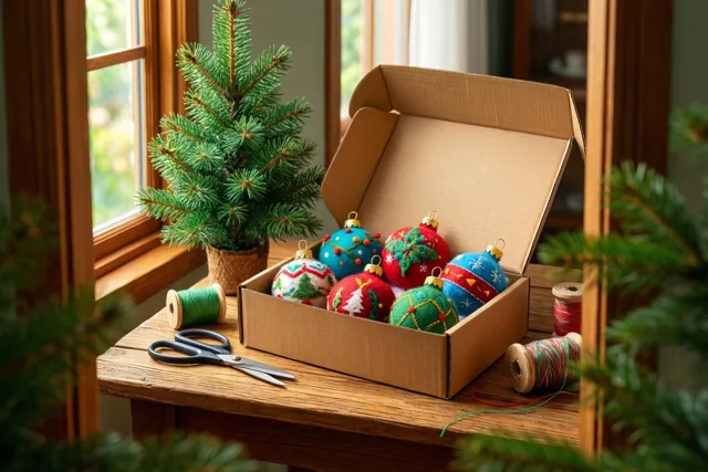 Een open kartonnen doos met kleurrijke handgemaakte vilten kerstversiering staat op een houten tafel naast een klein dennenboompje in een pot, in daglicht van een raam.