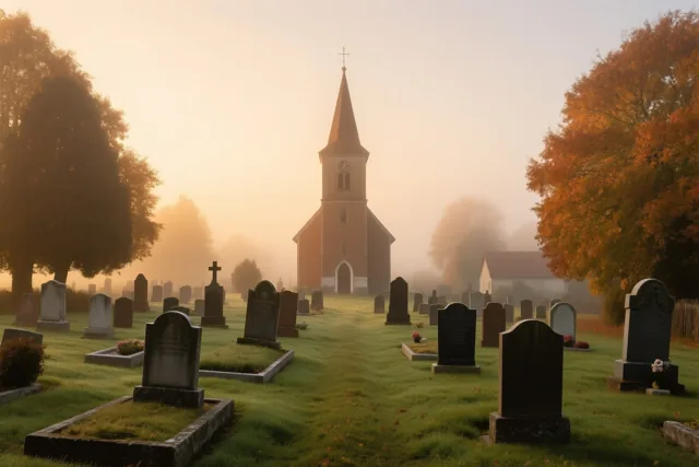 Op een dorpskerkhof staan grafstenen in groen gras naast bomen met oranje bladeren, met een kerktoren in de mist onder een goudkleurige hemel.
