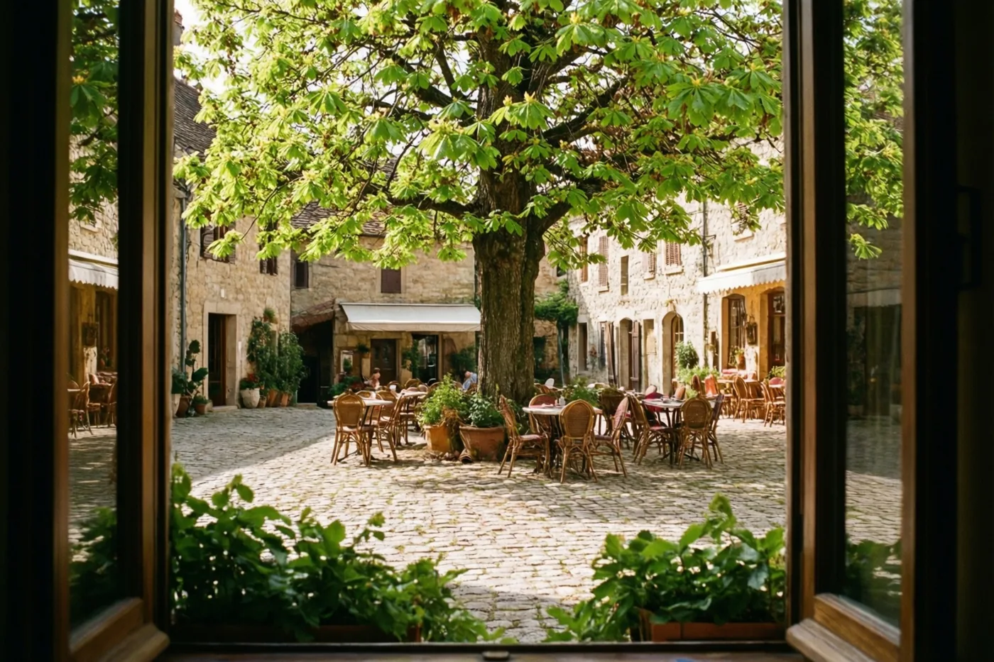 Door een raam zie je een zonnig dorpsplein met kasseien, cafétafels en stoelen onder een grote frisgroene kastanjeboom, tussen stenen gebouwen en groen.