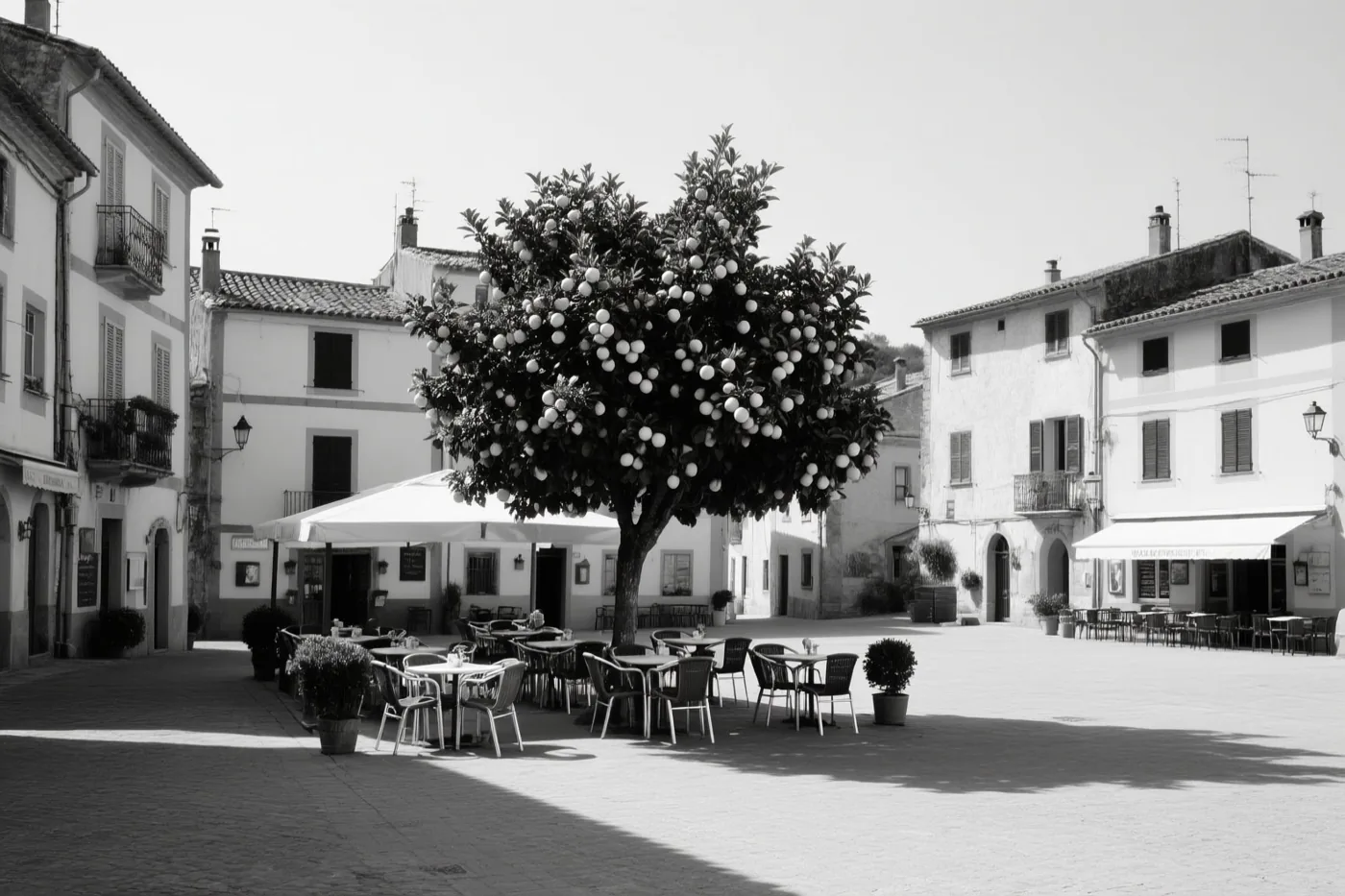 Een zwart-witfoto toont een zonnig dorpsplein met een grote boom vol fruit, cafétafels onder parasols en gebouwen met luiken en balkons.