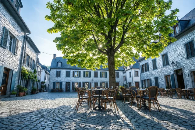 Zonlicht valt door het frisgroene blad van een grote kastanjeboom op cafétafels en stoelen op een kasseiplein met stenen gebouwen en donkere luiken.