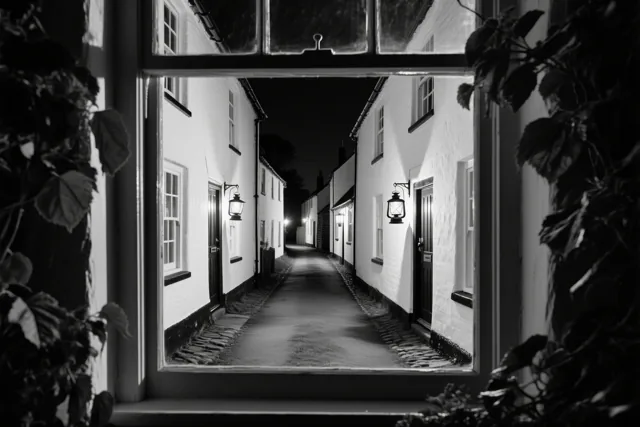 Een zwart-witbeeld door een raam toont een smalle dorpsstraat bij nacht met witgekalkte boerderijen en een lantaarn aan elke deur.