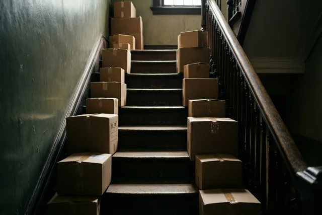 Op elke trede van een smalle houten trap in een oud herenhuis staan kartonnen dozen, met één raam bovenaan in de verder donkere ruimte.