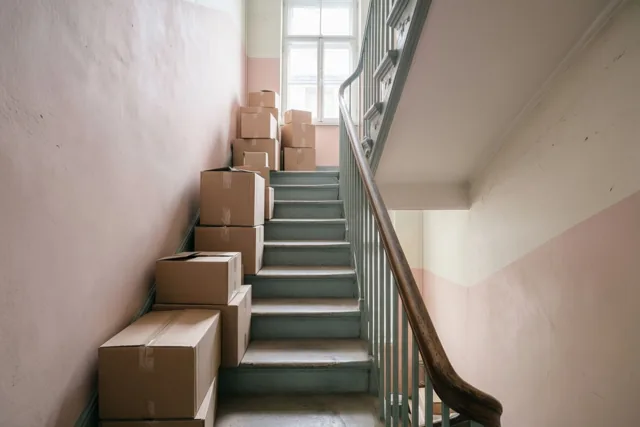Een smalle trap met verhuisdozen op elke trede leidt naar een raam, tussen lichtroze en crèmekleurige muren in een oud herenhuis.