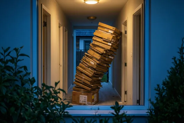 Door een raamkozijn is een scheef hellende toren kartonnen verhuisdozen in een warm verlichte gang te zien, met koelblauw licht buiten.
