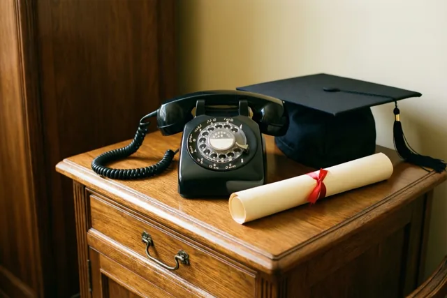 Een zwarte telefoon met draaischijf, een afstudeerhoed en een opgerold diploma met rood lint staan op een gepolijst houten dressoir in warm licht.