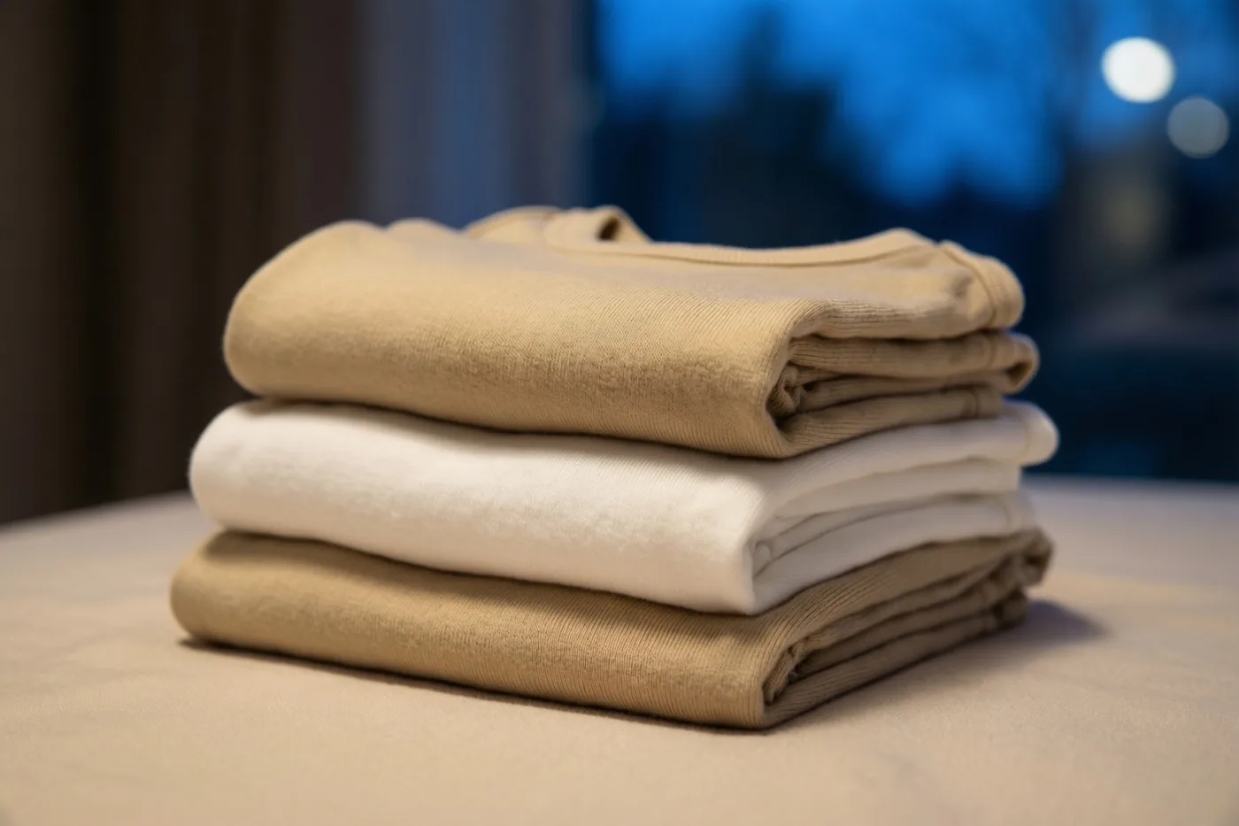 Drie opgevouwen babykleertjes in beige en wit liggen op een lichte ondergrond, met een wazig blauwgetint raam op de achtergrond.