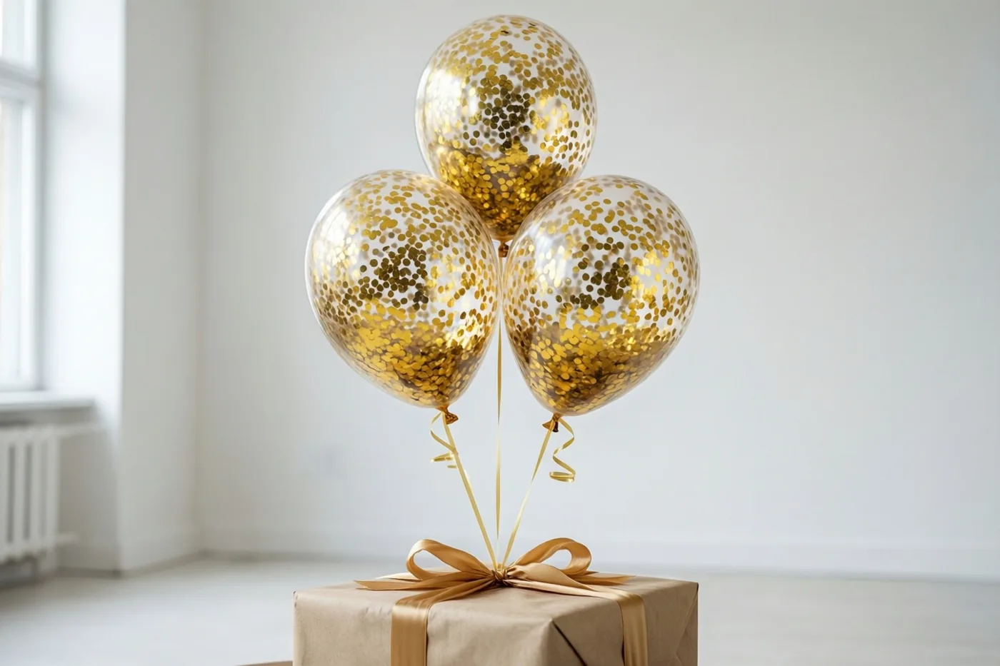 Drie doorzichtige ballonnen met gouden confetti zweven boven een ingepakt cadeau in een sobere witte kamer met daglicht uit een raam.