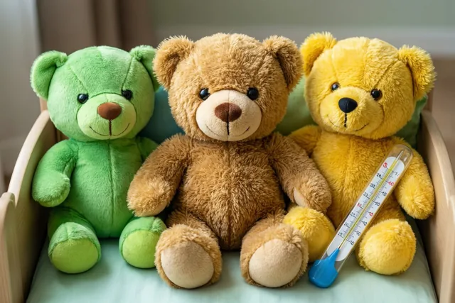 Een groene, een bruine en een gele teddybeer zitten samen in een houten speelgoedbed in zacht licht.