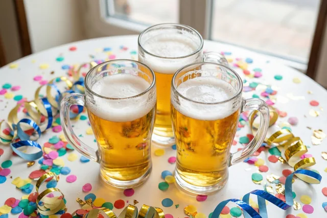 Drie bierpullen met goudkleurig bier en wit schuim staan bij een raam op een witte tafel met kleurrijke confetti en slingers.