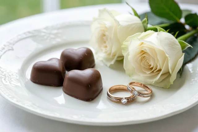 Drie chocoladehartjes liggen naast twee trouwringen en een takje witte rozen op een wit porseleinen bord op een wit tafelkleed.