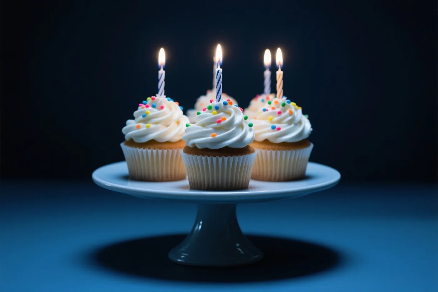 Drie cupcakes met witte botercrème, gekleurde suikerstrooisels en brandende kaarsjes staan op een witte taartstandaard tegen een donkerblauwe achtergrond.