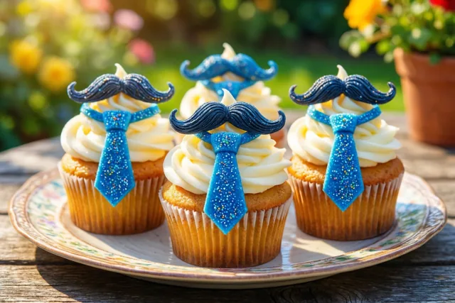 Drie cupcakes met blauwe glitterdasjes en snorren staan op een gebloemd bord op een houten tuintafel, met zonlicht en wazig groen op de achtergrond.