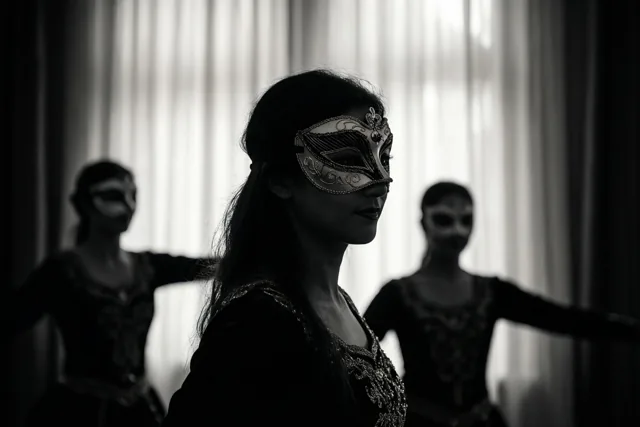 Drie gemaskerde dansers staan als silhouetten tegen een van achteren verlicht gordijn, met de middelste danser scherp in beeld en alles in monochrome tinten.