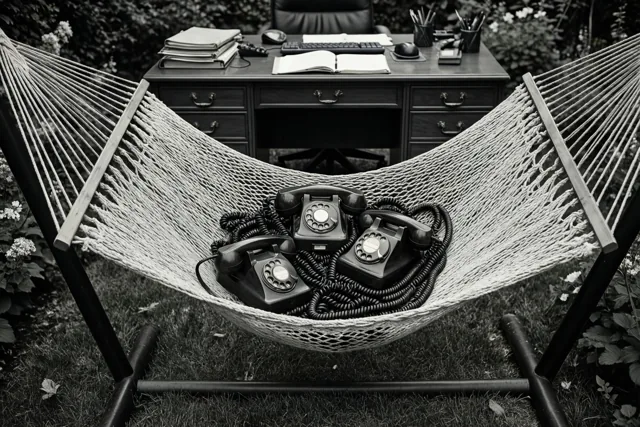 Op een zwart-witfoto zitten drie oude draaischijftelefoons verstrikt in een geweven hangmat in een grastuin, met een bureau, een stoel en kantoorbenodigdheden op de achtergrond.