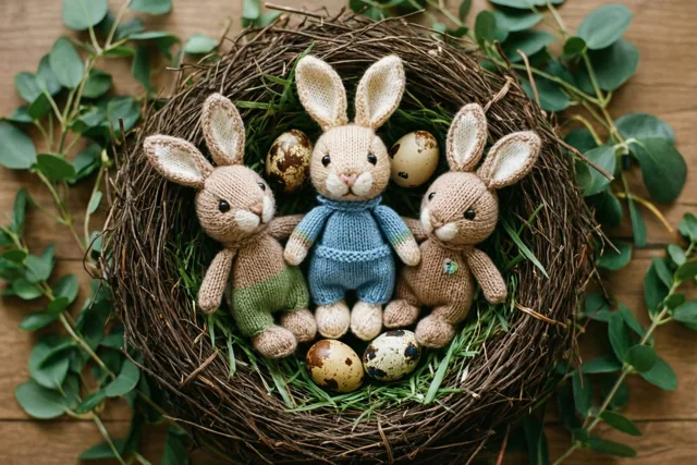 Drie gebreide speelgoedkonijntjes zitten in een gevlochten vogelnest met groen gras en gespikkelde eieren op een houten ondergrond tussen groen gebladerte.