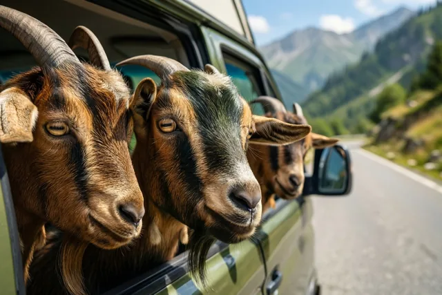 Drie geiten met gebogen hoorns steken hun kop uit de open zijdeur van een rijdende groene camper op een bergweg, met groene heuvels en verre bergen onder een blauw-witte lucht.