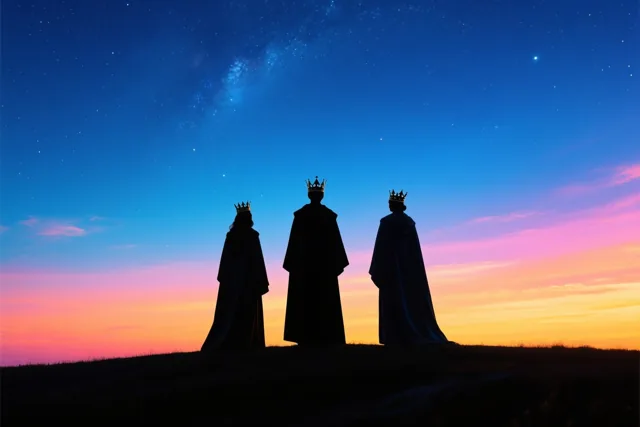 Drie silhouetten met lange gewaden en kronen staan op een heuvel onder een sterrenhemel die van diepblauw overgaat in roze en oranje.